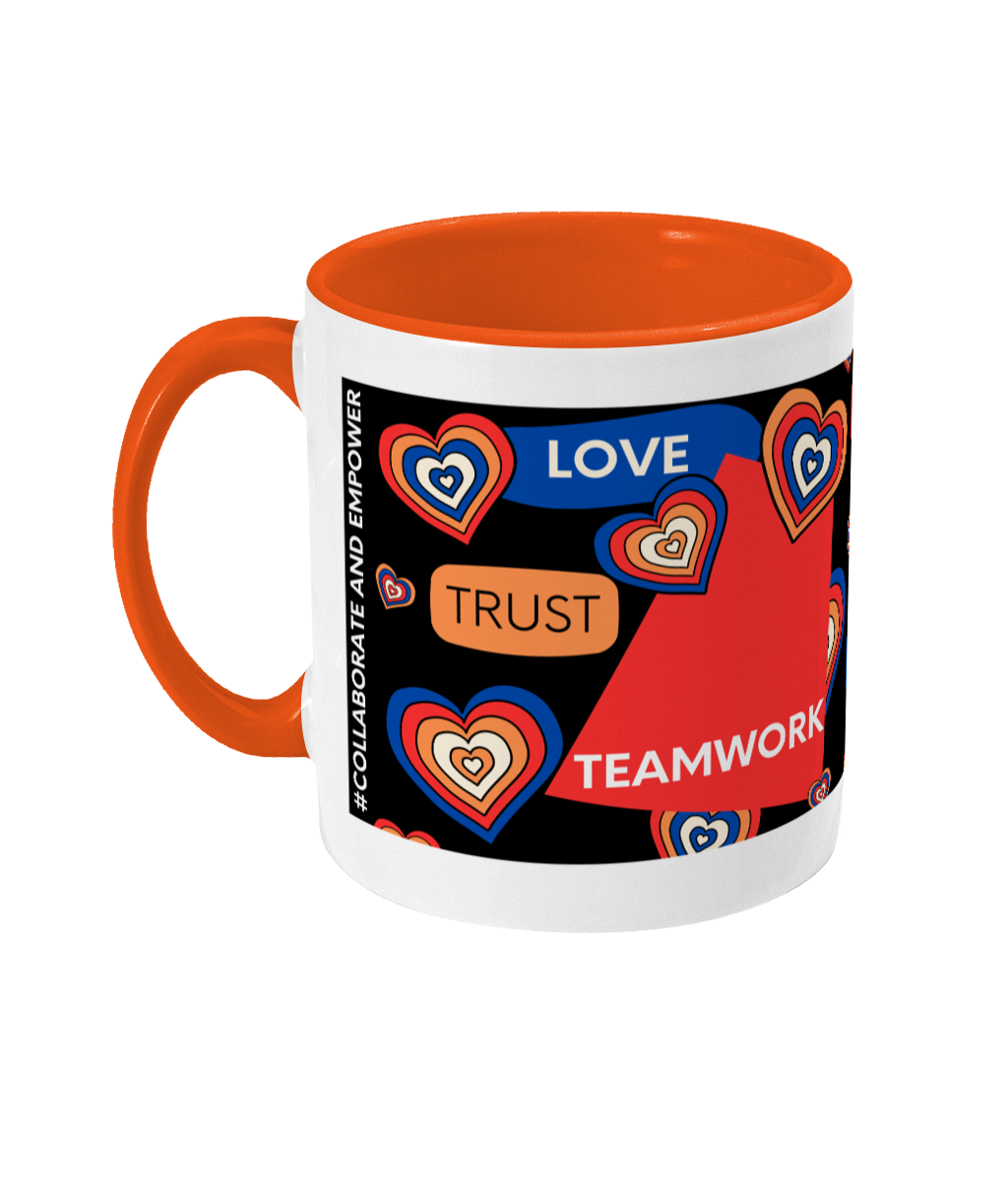 Love, Trust, Teamwork Two Tone Mug - Red/Blue Design with Black Background (Various Handle and Inner Colours Available)