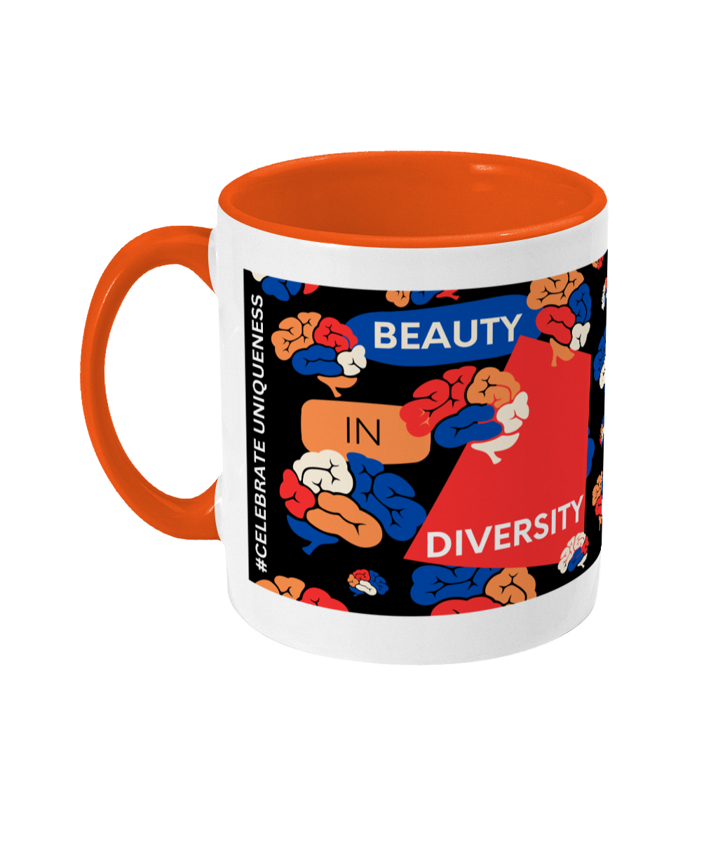 Beauty In Diversity Two Tone Mug - Red/Blue Design with Black Background (Various Handle and Inner Colours Available)