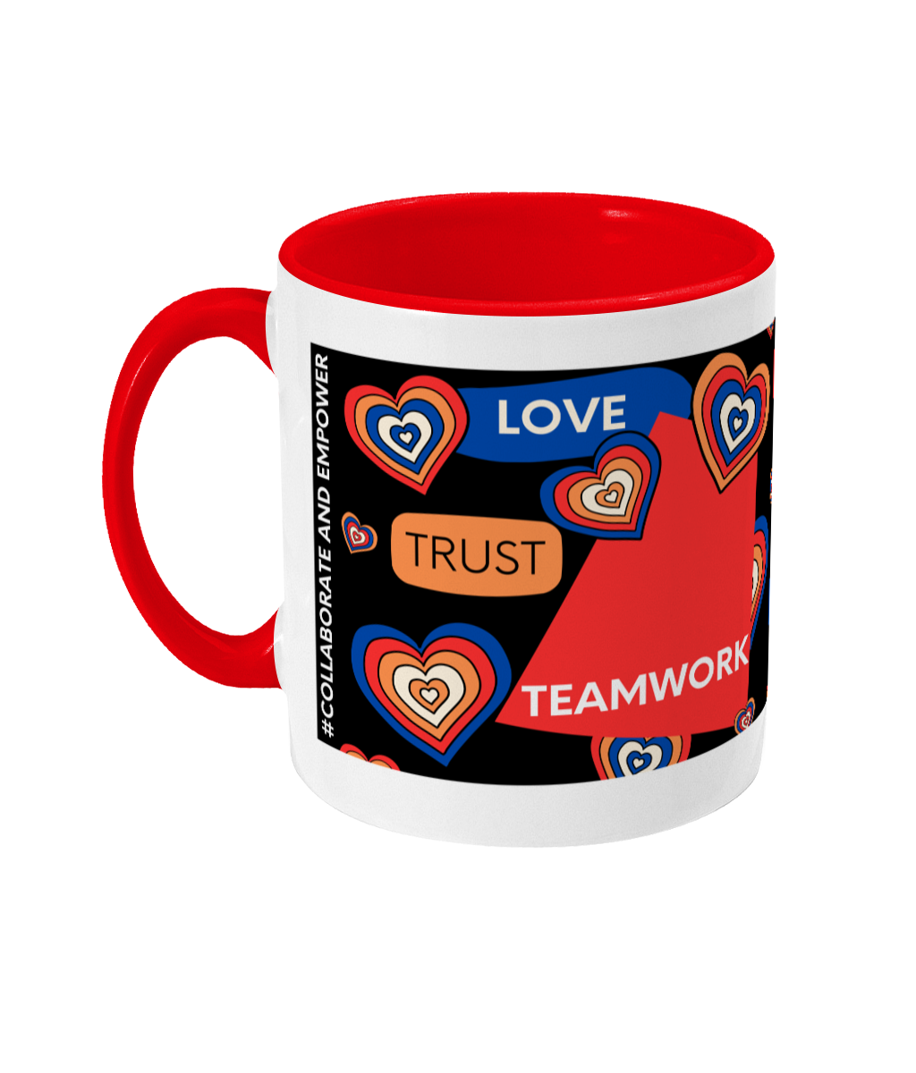 Love, Trust, Teamwork Two Tone Mug - Red/Blue Design with Black Background (Various Handle and Inner Colours Available)