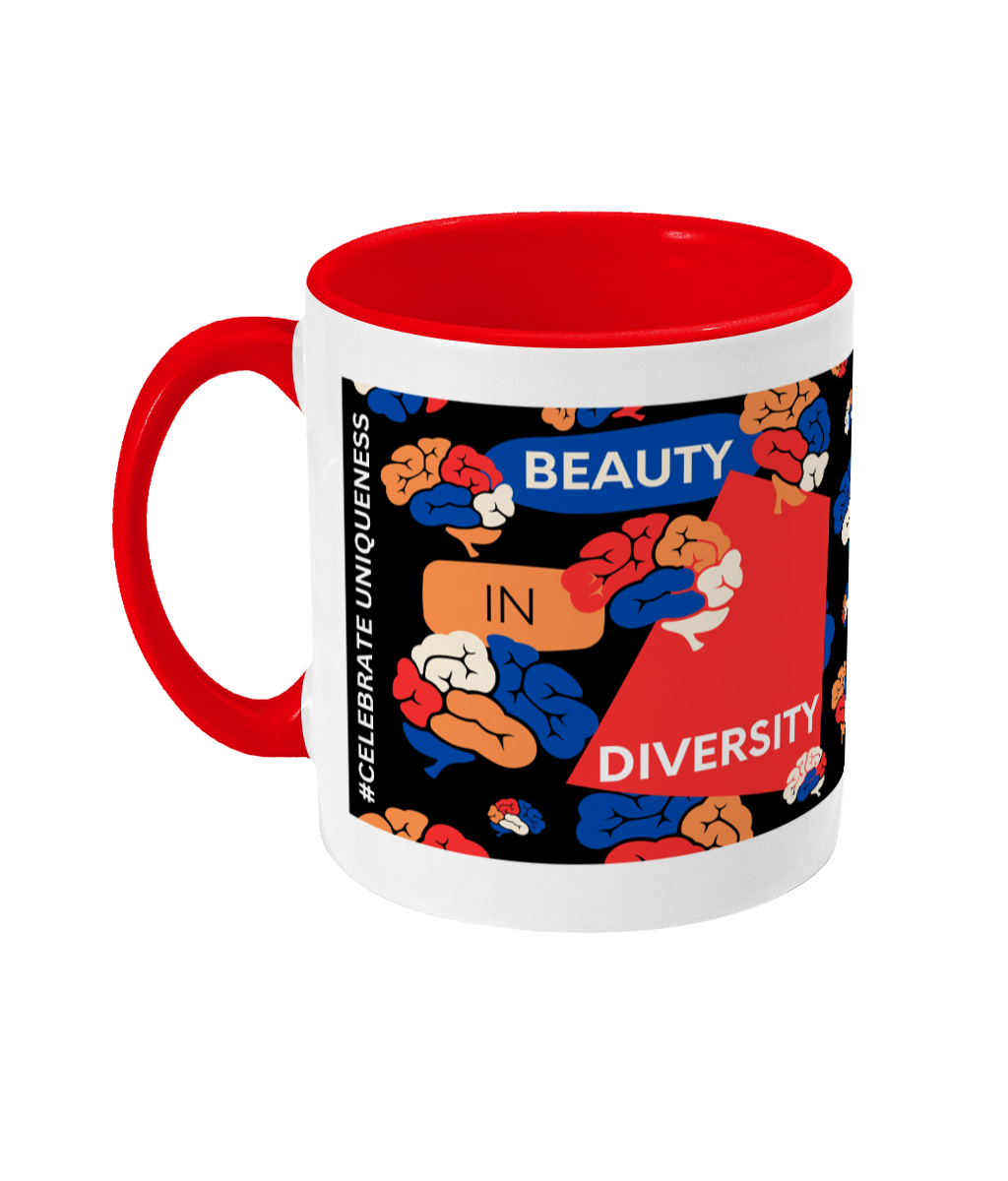 Beauty In Diversity Two Tone Mug - Red/Blue Design with Black Background (Various Handle and Inner Colours Available)