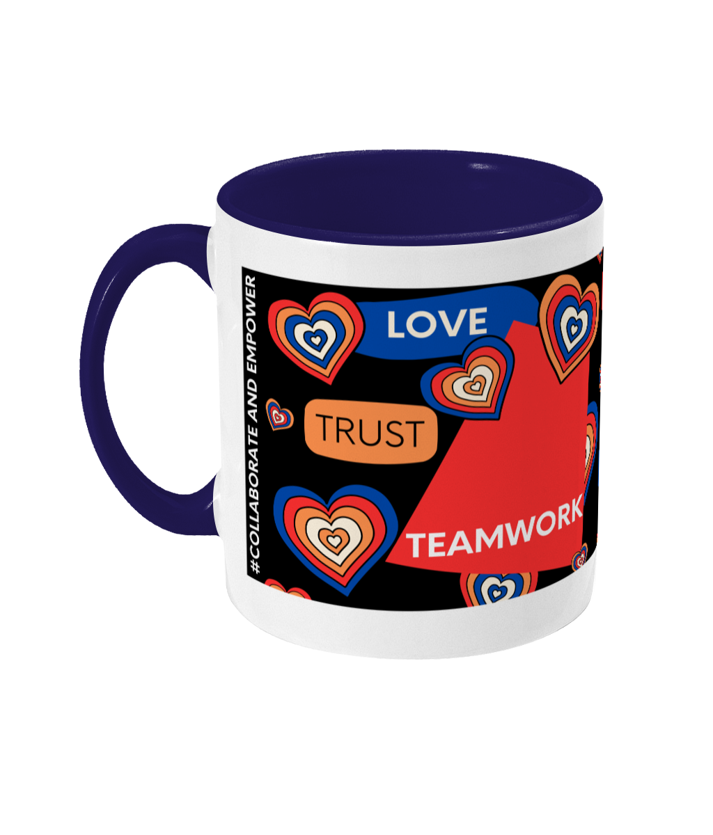 Love, Trust, Teamwork Two Tone Mug - Red/Blue Design with Black Background (Various Handle and Inner Colours Available)