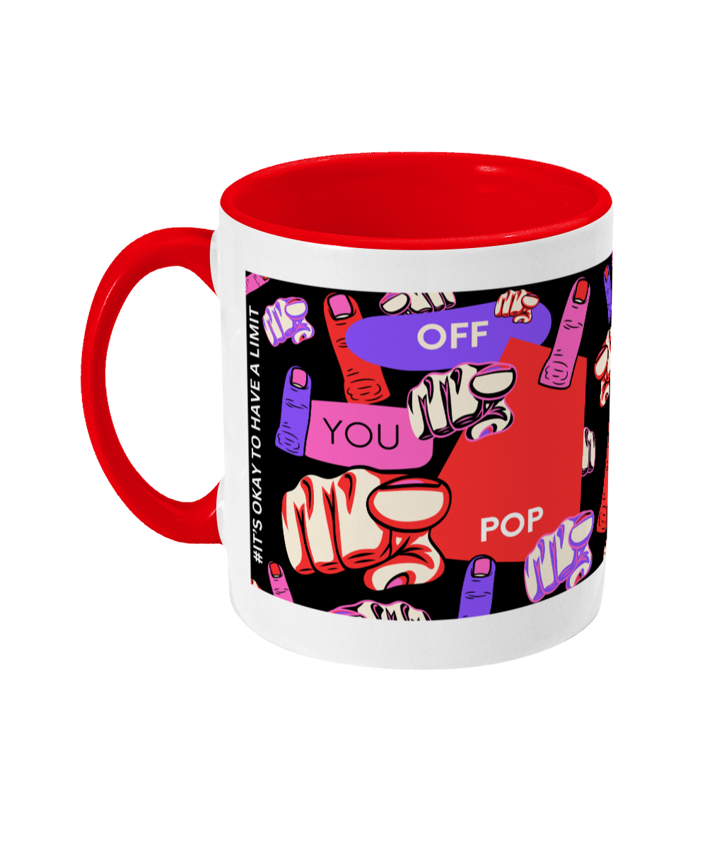 Off You Pop Two Tone Mug -Red/Purple Design with Black Background (Various Handle and Inner Colours Available)