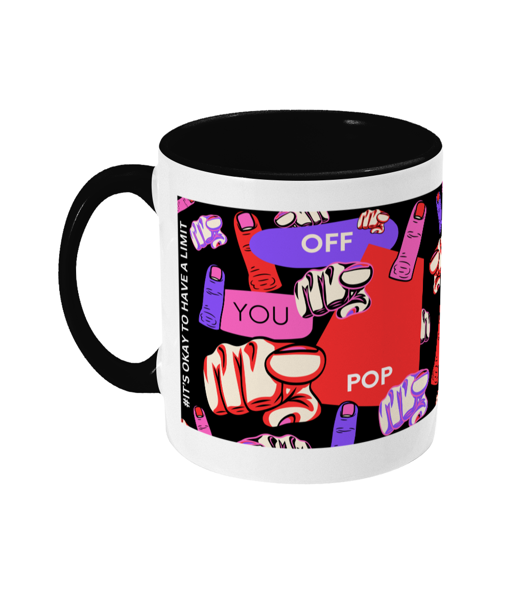 Off You Pop Two Tone Mug -Red/Purple Design with Black Background (Various Handle and Inner Colours Available)