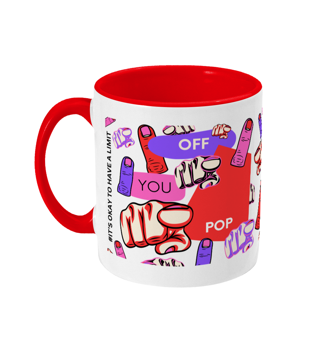 Off You Pop Two Tone Mug - Red/Purple Design with No Background (Various Handle and Inner Colours Available)