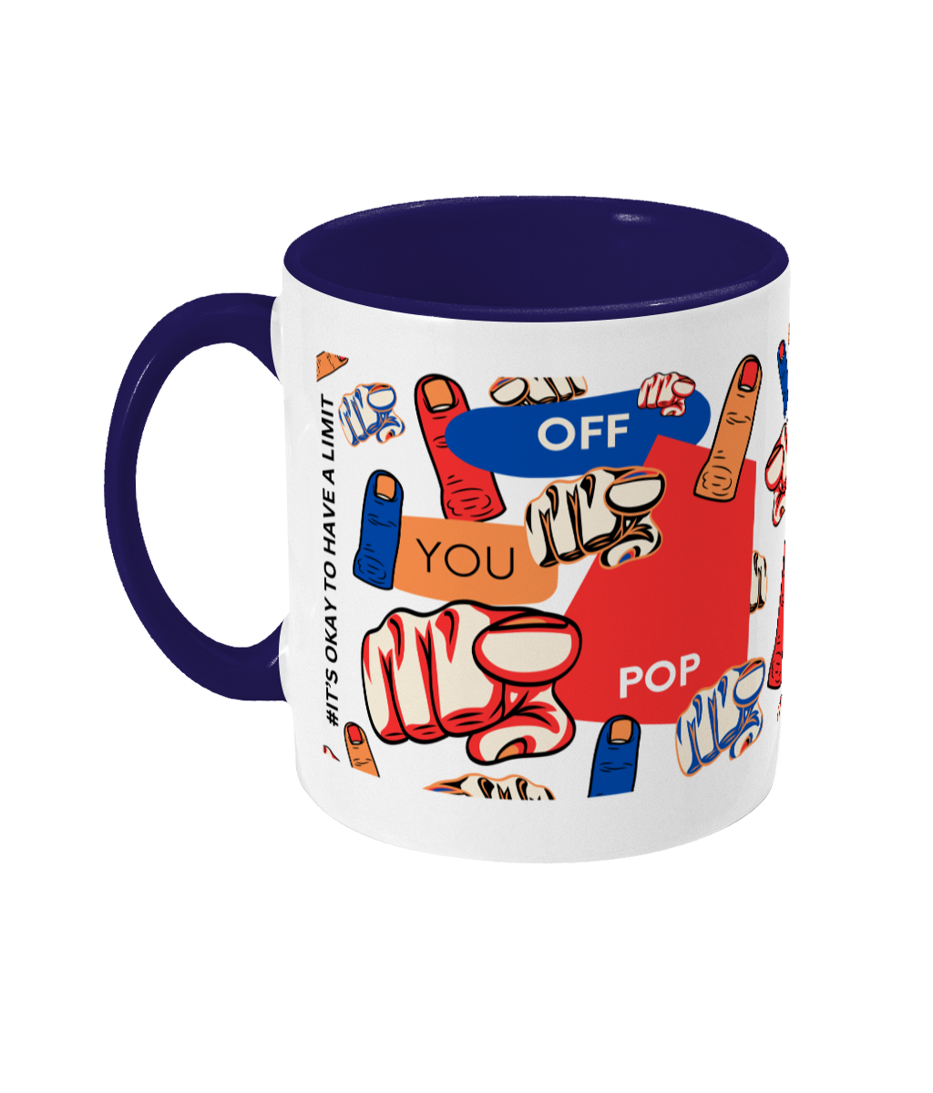 Off You Pop Two Tone Mug - Red/Blue Design with No Background (Various Handle and Inner Colours Available)