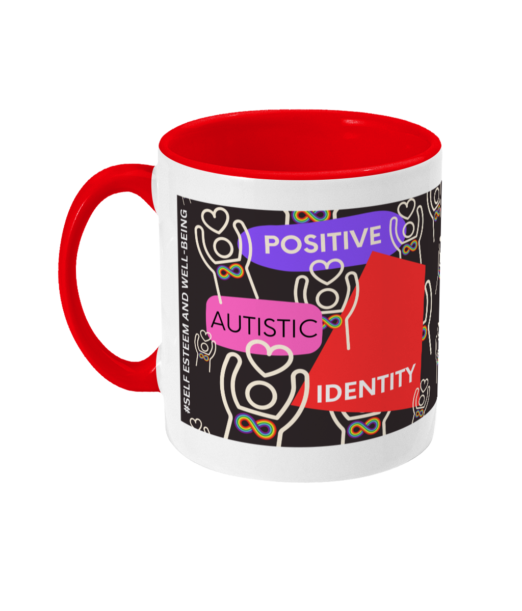 Positive Autistic Identity Two Tone Mug - Red/Purple Design with Black Background (Various Handle and Inner Colours Available)