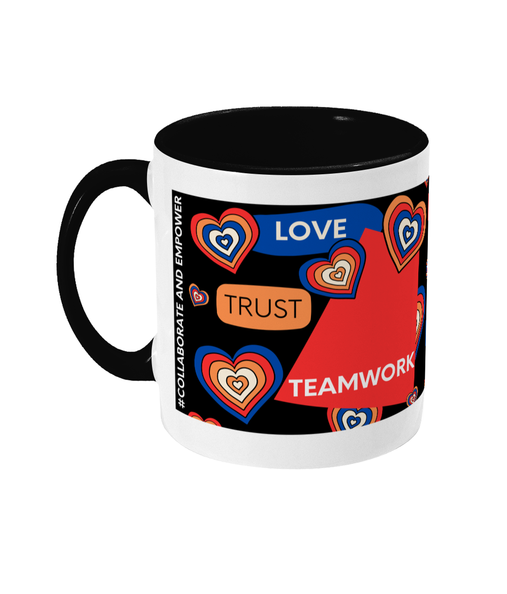 Love, Trust, Teamwork Two Tone Mug - Red/Blue Design with Black Background (Various Handle and Inner Colours Available)