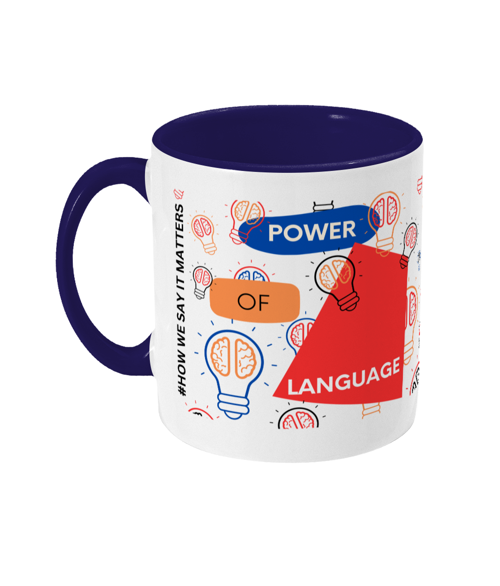Power Of Language Two Tone Mug - Red/Blue Design with No Background (Various Handle and Inner Colours Available)