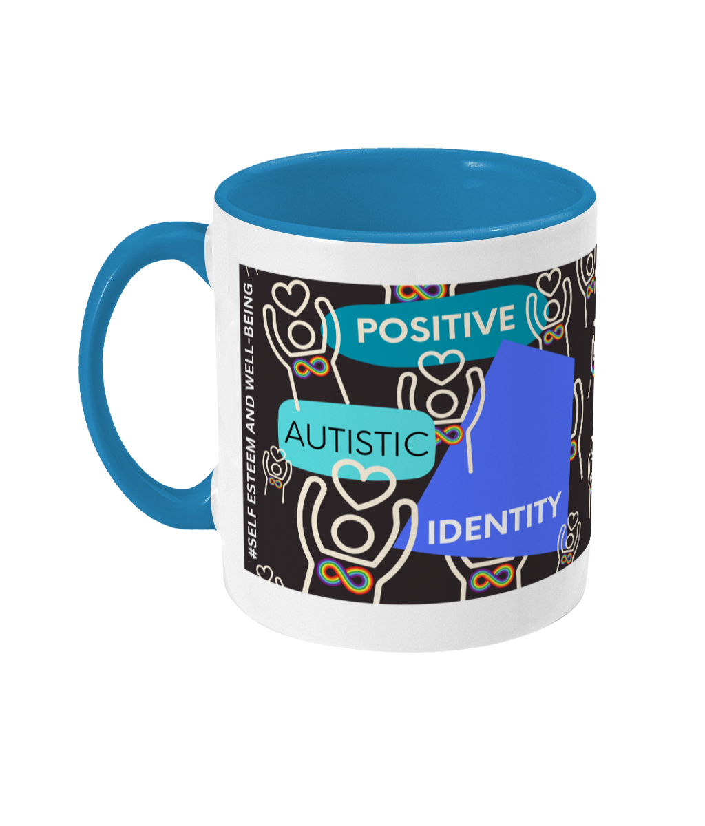 Positive Autistic Identity Two Tone Mug - Blue/Teal Design with Black Background (Various Handle and Inner Colours Available)