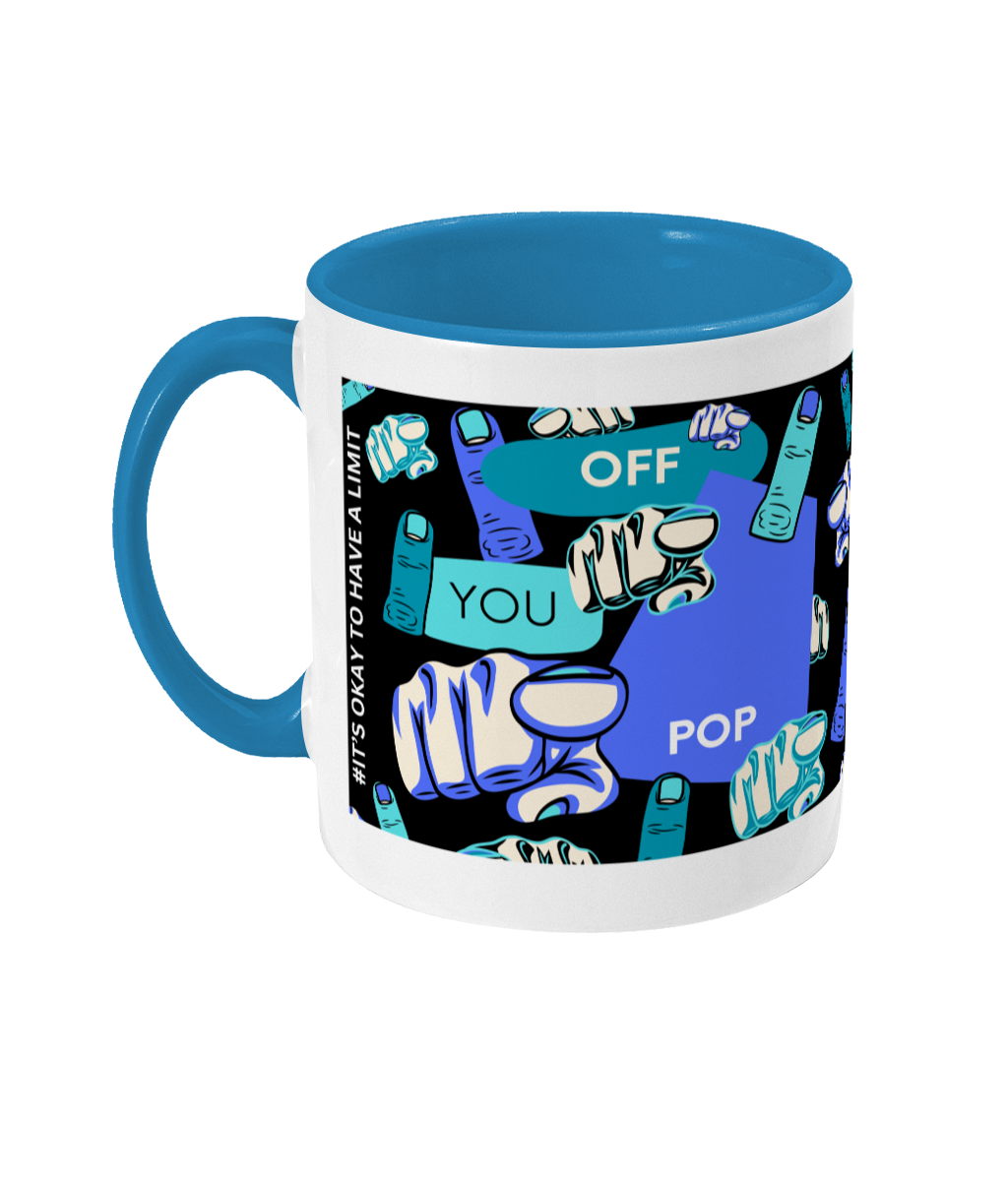 Off You Pop Two Tone Mug - Blue/Teal Design with Black Background (Various Handle and Inner Colours Available)