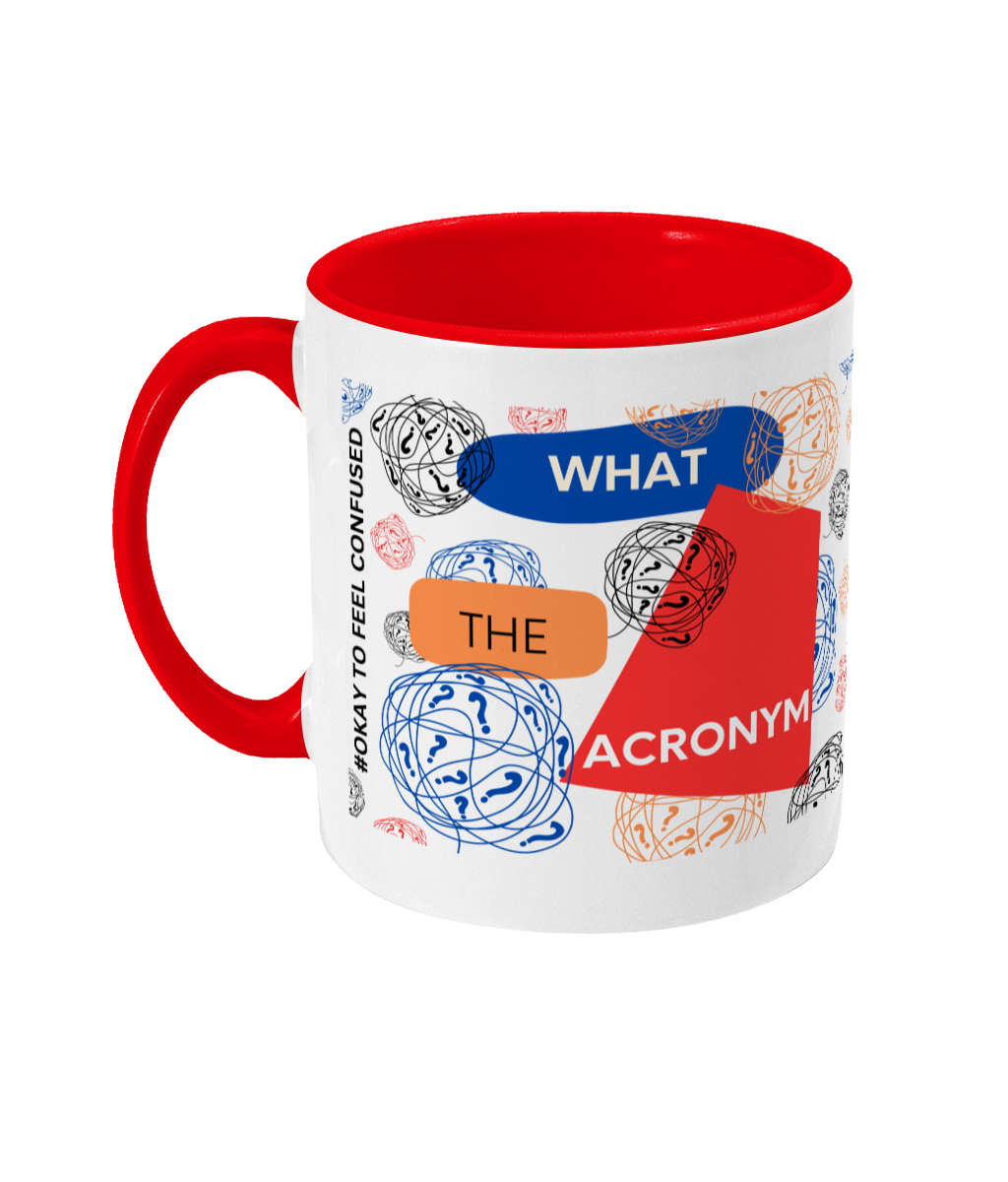 What The Acronym Two Tone Mug - Red/Blue Design with No Background (Various Handle and Inner Colours Available)