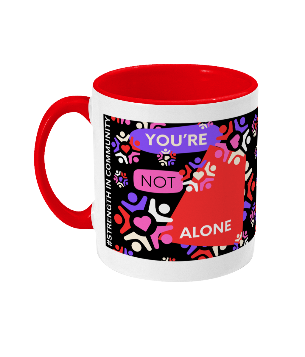 You’re Not Alone Two Tone Mug - Red/Purple Design with Black Background (Various Handle and Inner Colours Available)
