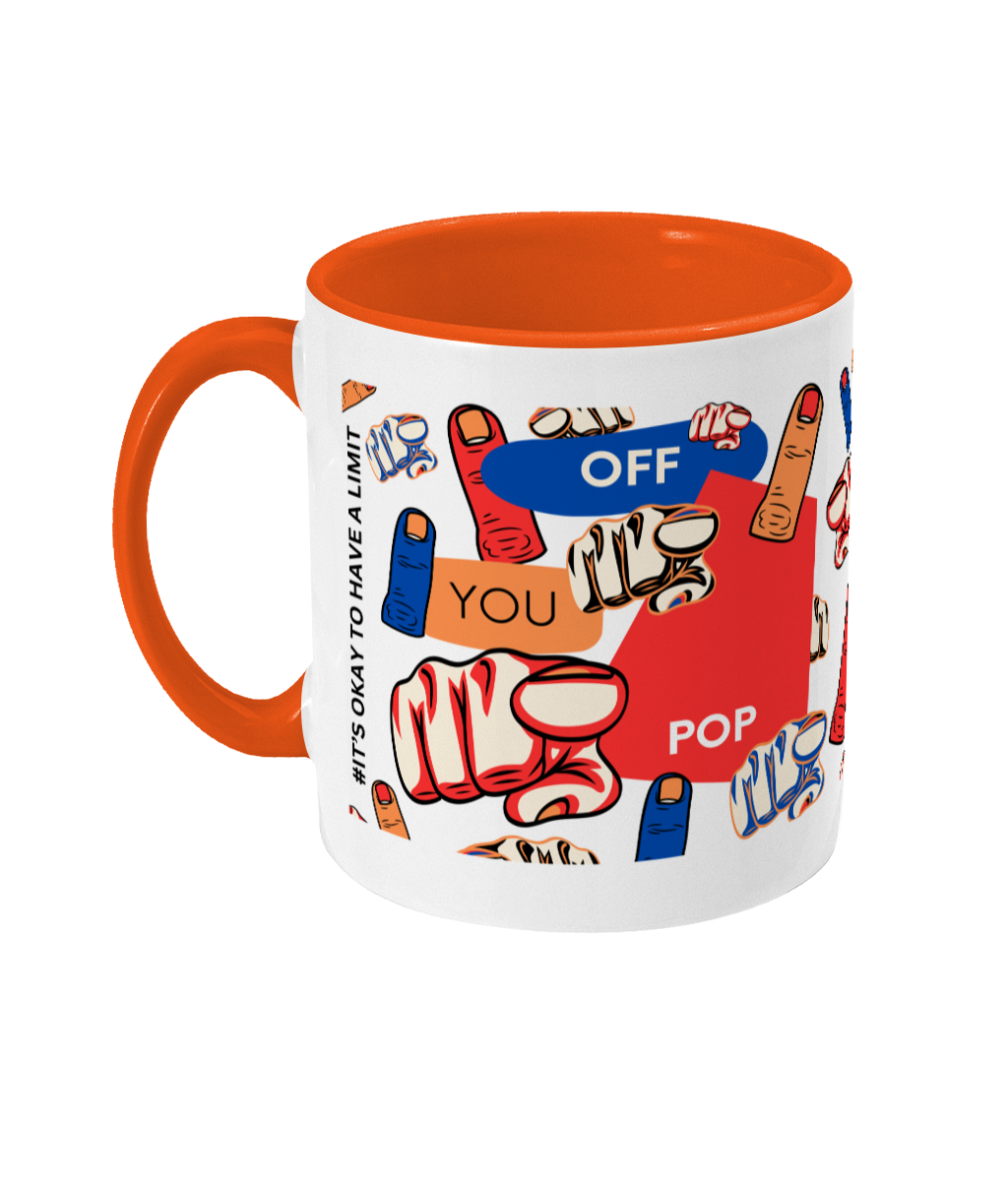 Off You Pop Two Tone Mug - Red/Blue Design with No Background (Various Handle and Inner Colours Available)