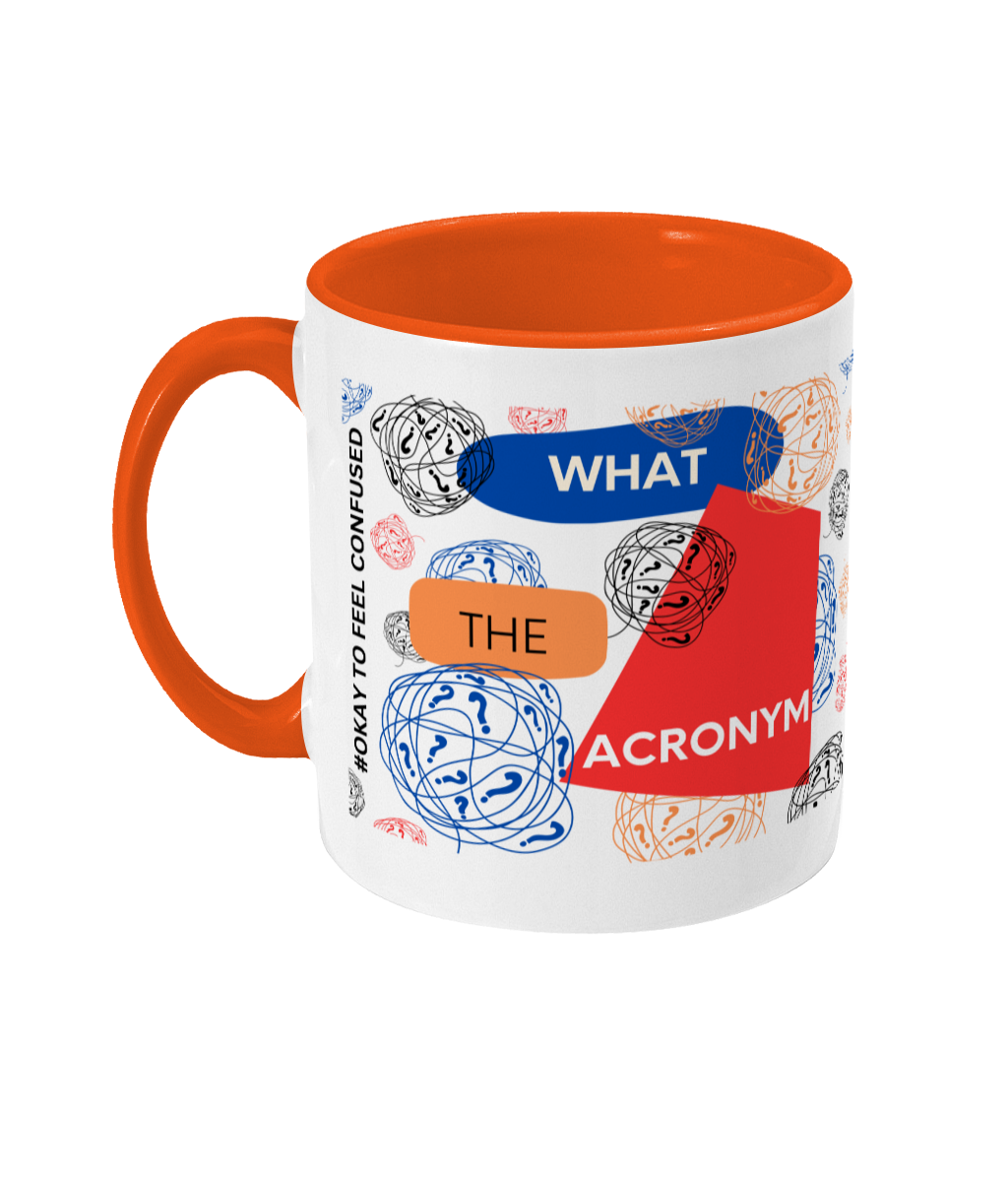 What The Acronym Two Tone Mug - Red/Blue Design with No Background (Various Handle and Inner Colours Available)