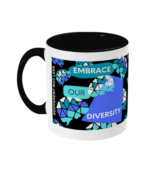 Embrace Our Diversity Two Tone Mug - Blue/Teal Design with Black Background (Various Handle and Inner Colours Available)