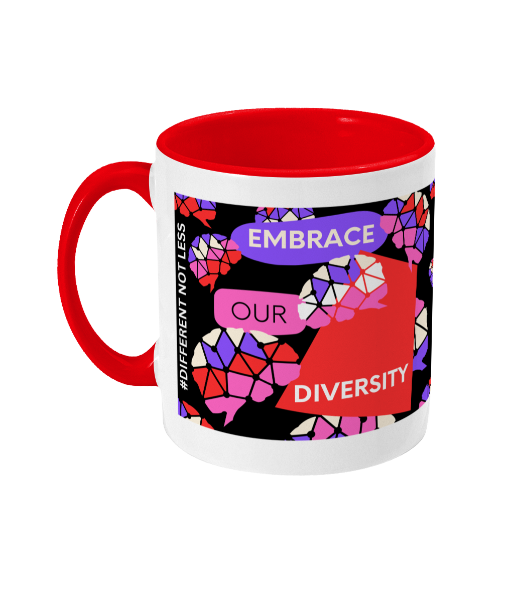 Embrace Our Diversity Two Tone Mug - Red/Purple Design with Black Background (Various Handle and Inner Colours Available)