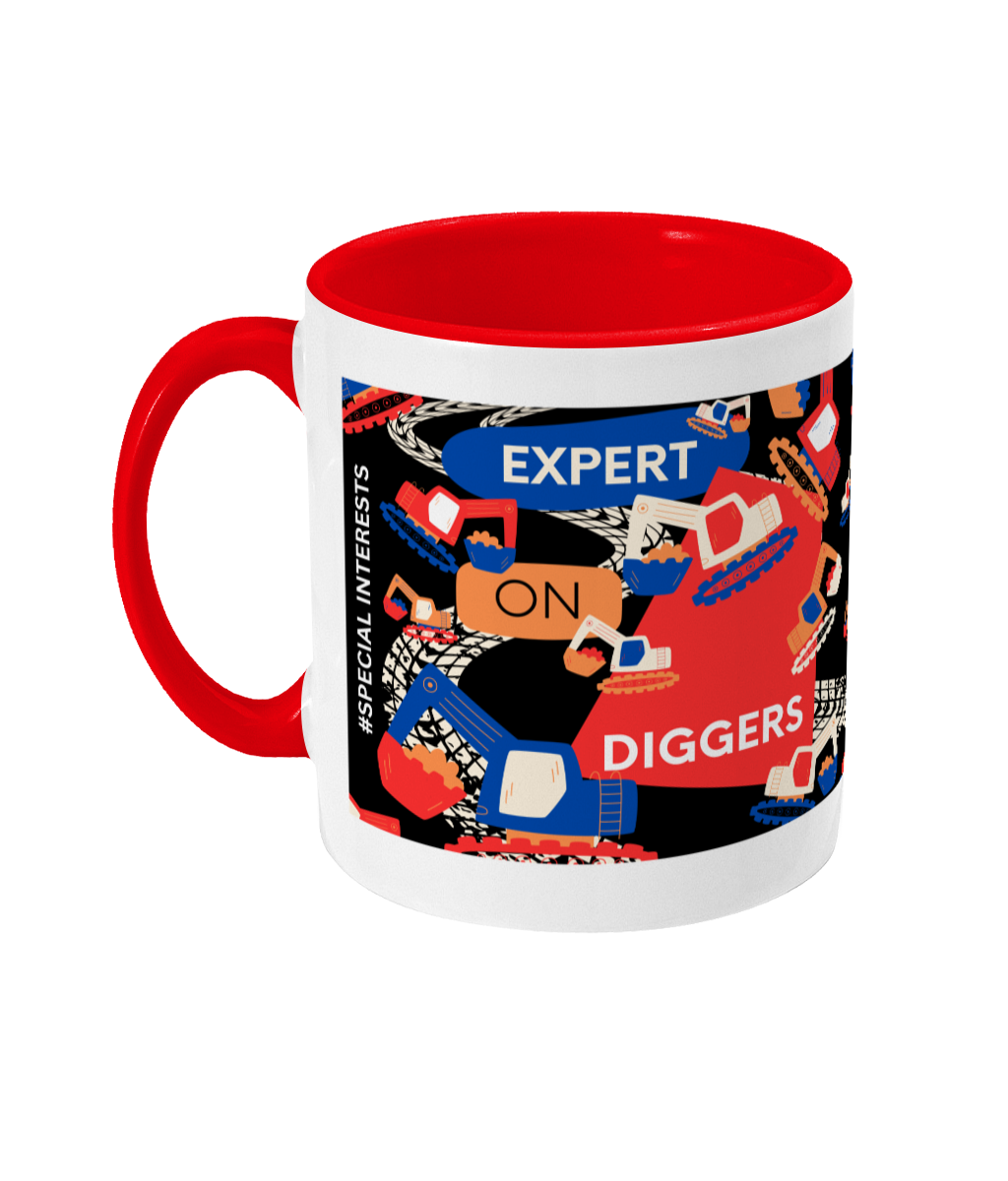 Expert On Diggers Two Tone Mug - Red/ Blue Design with Black Background (Various Handle and Inner Colours Available)