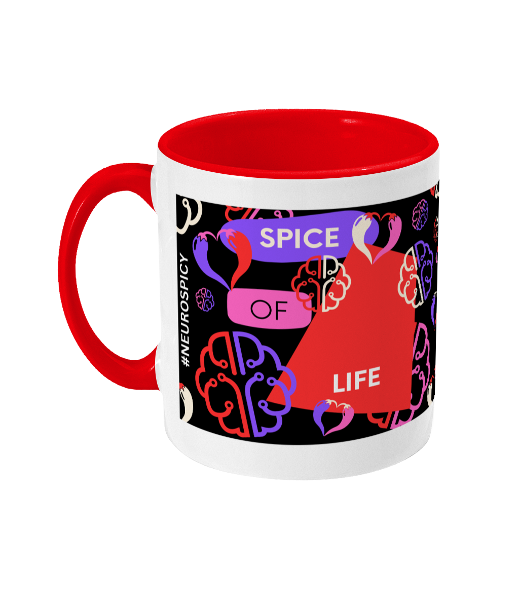 Spice Of Life Two Tone Mug - Red/Purple Design with Black Background (Various Handle and Inner Colours Available)