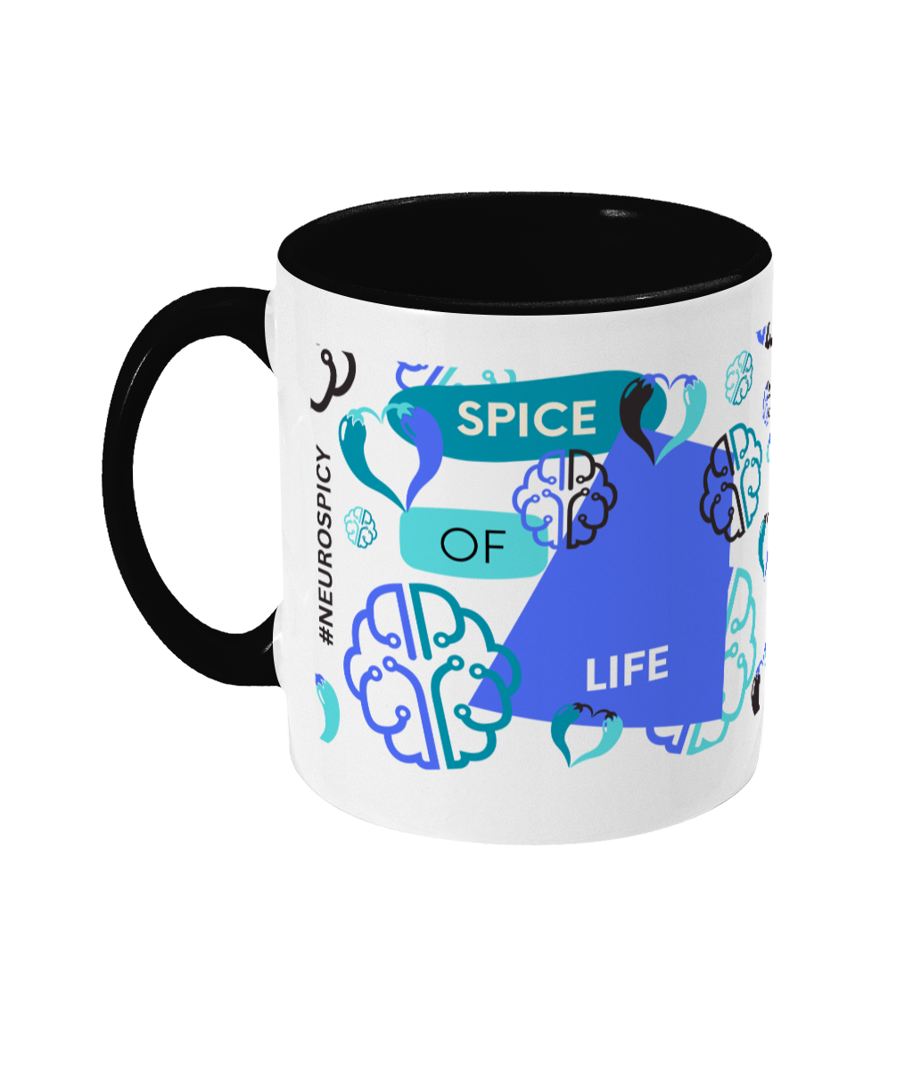 Spice Of Life Two Tone Mug - Blue/Teal Design with No Background (Various Handle and Inner Colours Available)