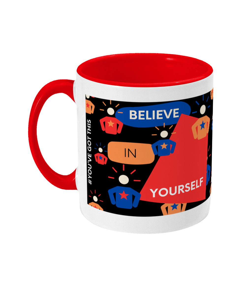 Believe In Yourself Two Tone Mug - Red/Blue Design with Black Background (Various Handle and Inner Colours Available)