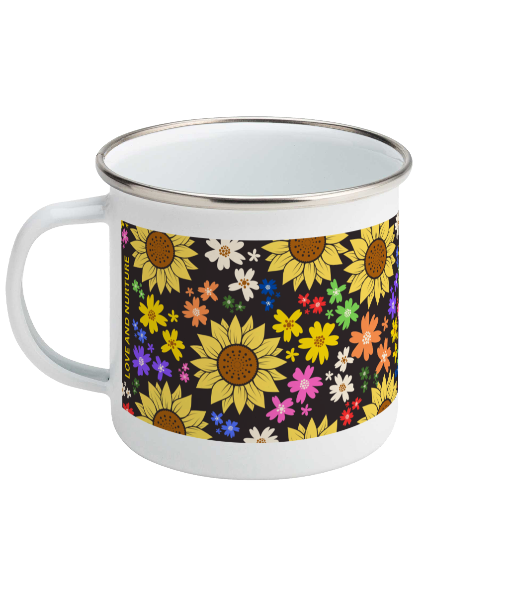 Love and Nurture Enamel Mug - Floral Design with Black Background