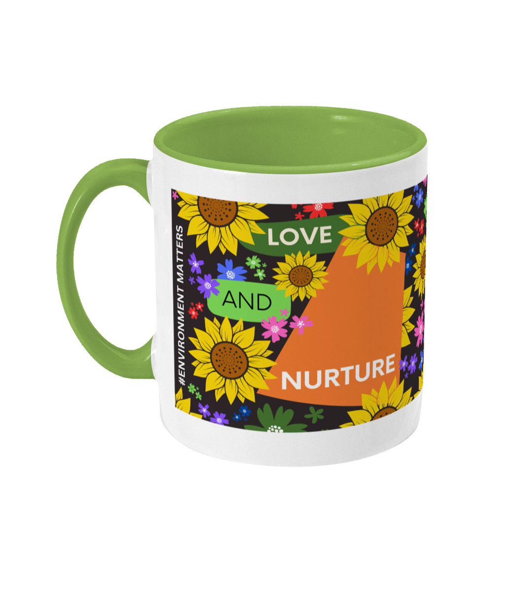 Love and Nurture Two Tone Mug - Orange/Green Design with Black Background