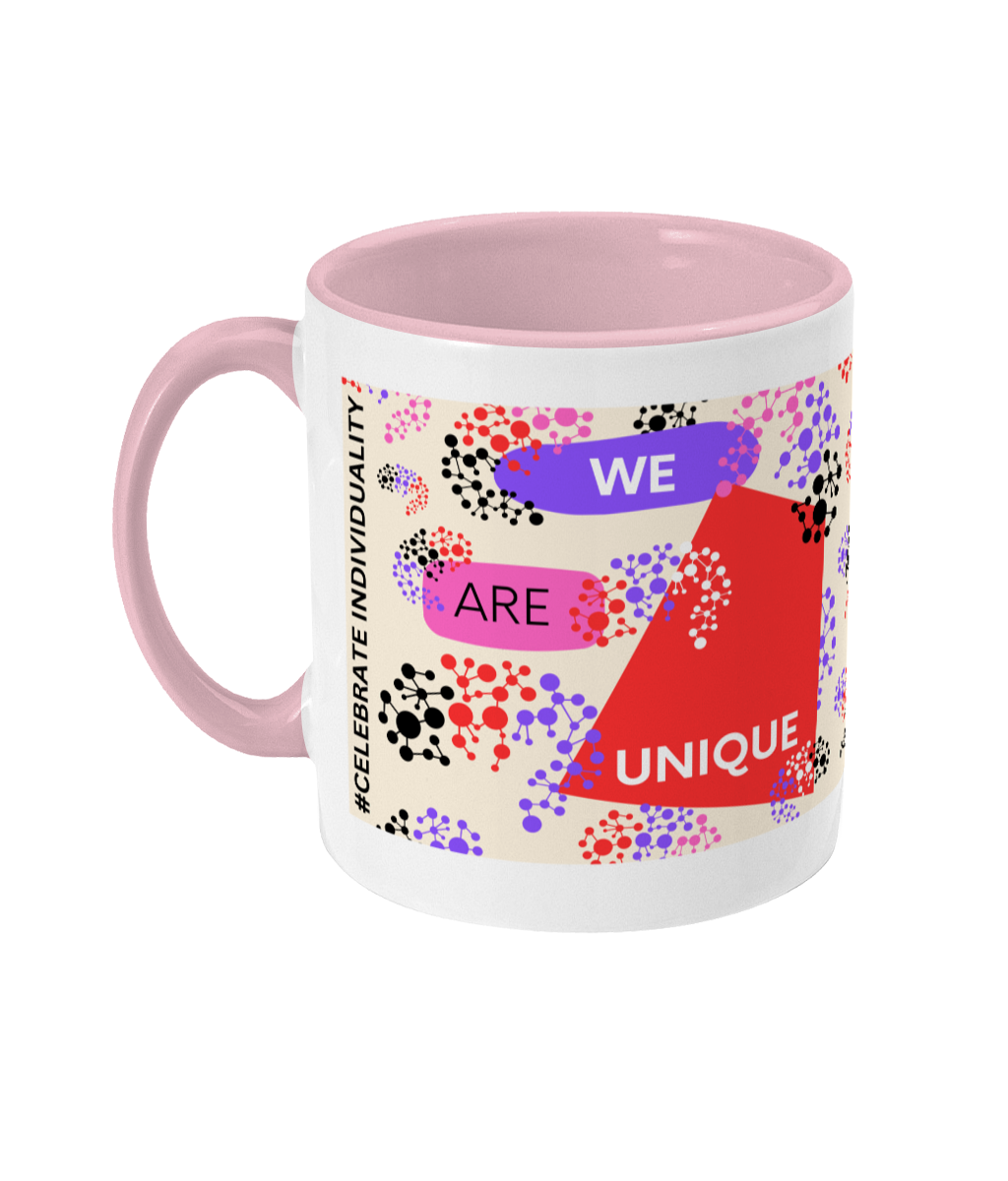 We Are Unique Two Tone Mug - Red/Purple Design with Pink Background