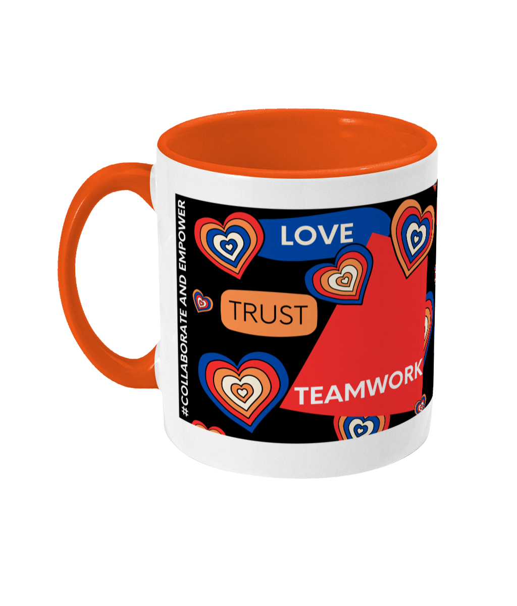 Love, Trust, Teamwork Two Tone Mug - Red/Blue Design  with Black Background (Various Handle and Inner Colours Available)