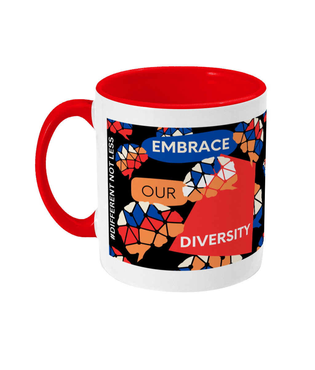 Embrace Our Diversity Two Tone Mug - Red/Blue with Black Background (Various Handle and Inner Colours Available)