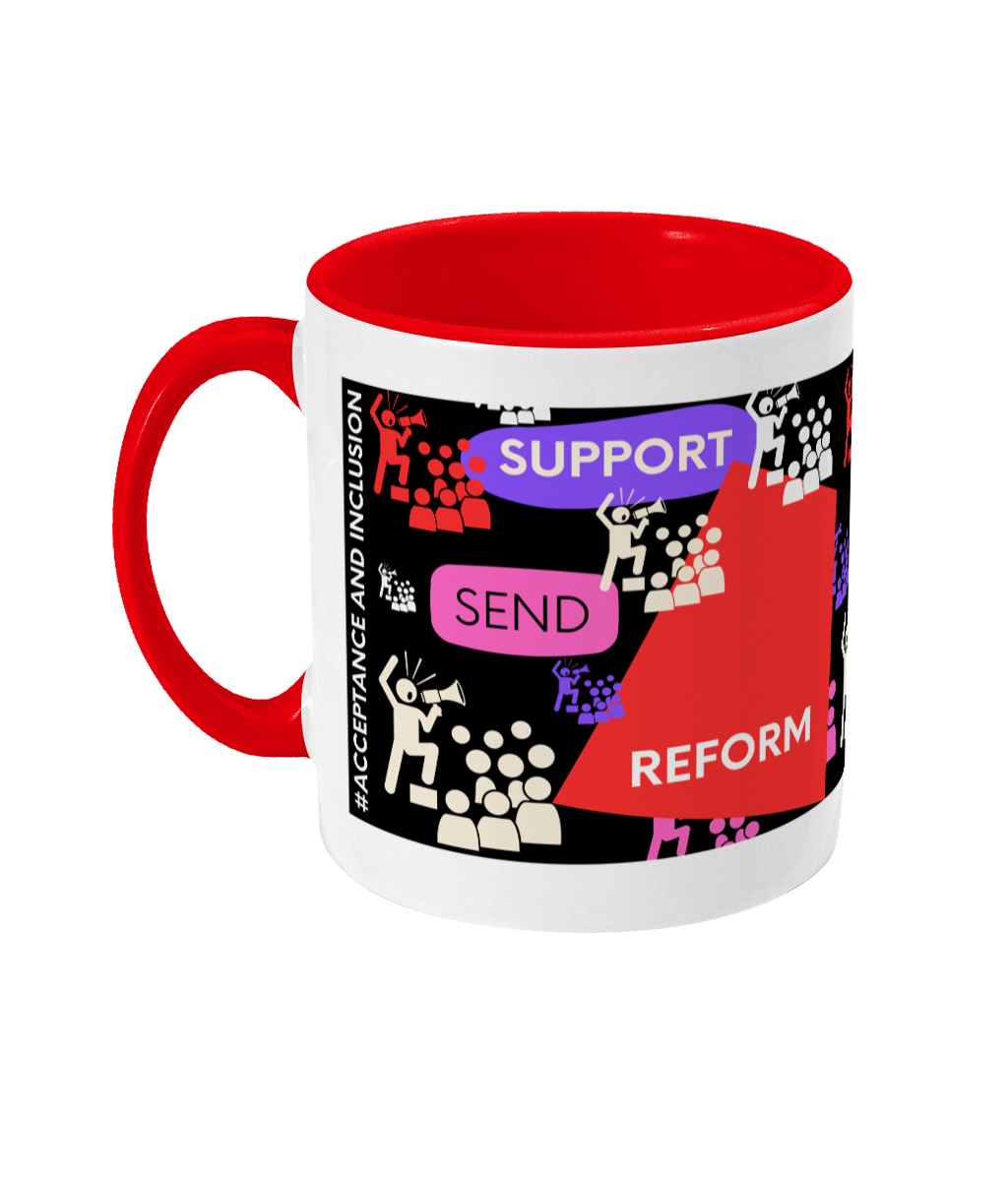 Support SEND Reform Two Tone Mug - Red/Purple Design with Black Background (Various Handle and Inner Colours Available)