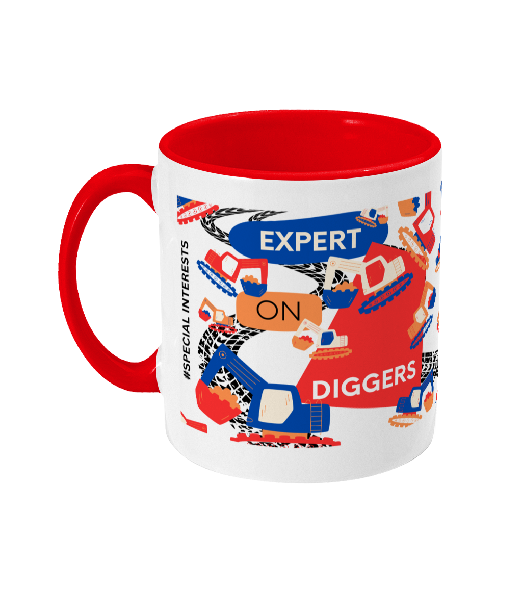 Expert On Diggers Two Tone Mug - Red/Blue Design with No Background (Various Handle and Inner Colours Available)