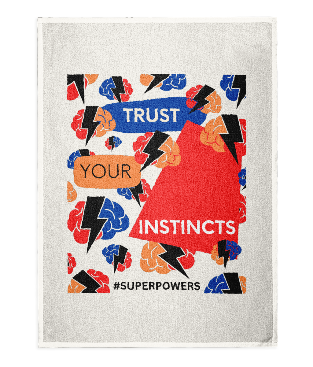 Trust Your Instincts White Tea Towel -Red/Blue Design