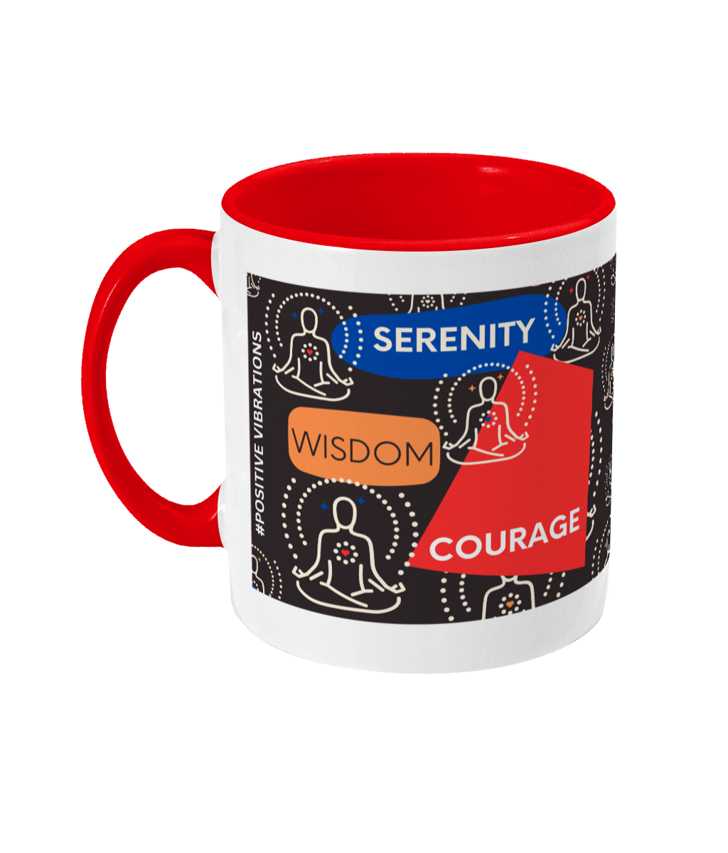 Serenity Courage Wisdom Two Tone Mug - Red/Blue Design with Black Background (Various Handle and Inner Colours Available)