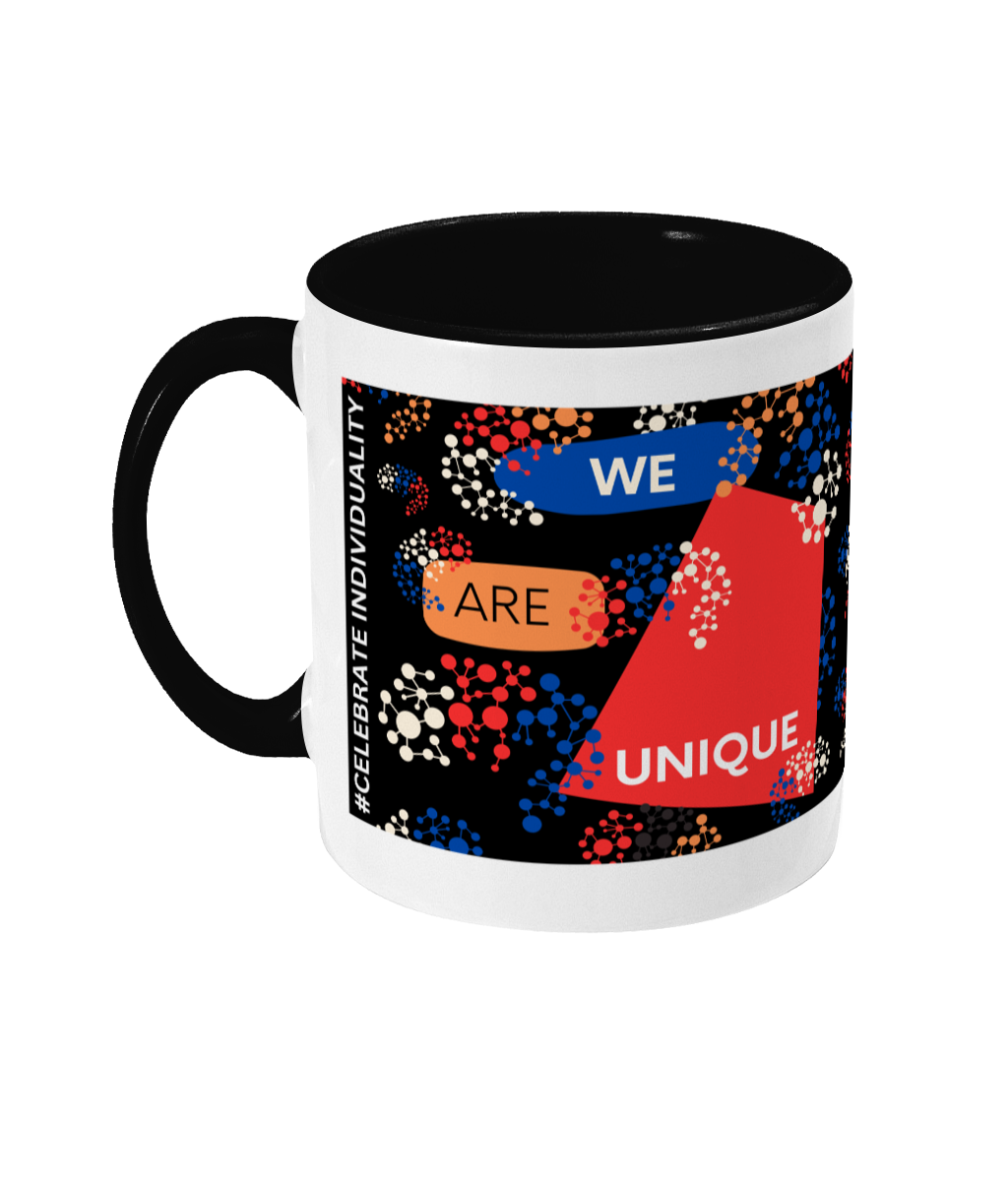 We Are Unique Two Tone Mug - Red/Blue Design with Black Background (Various Handle and Inner Colours Available)