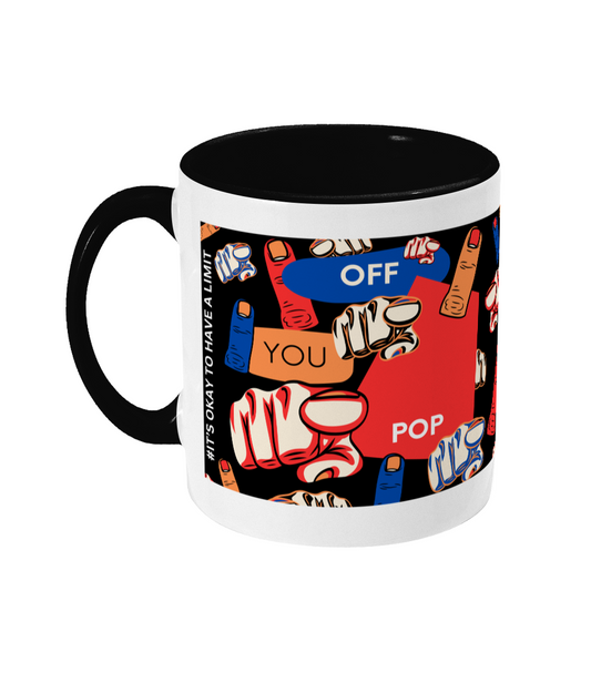 Off You Pop Two Tone Mug - Red/Blue Design with Black Background (Various Handle and Inner Colours Available)