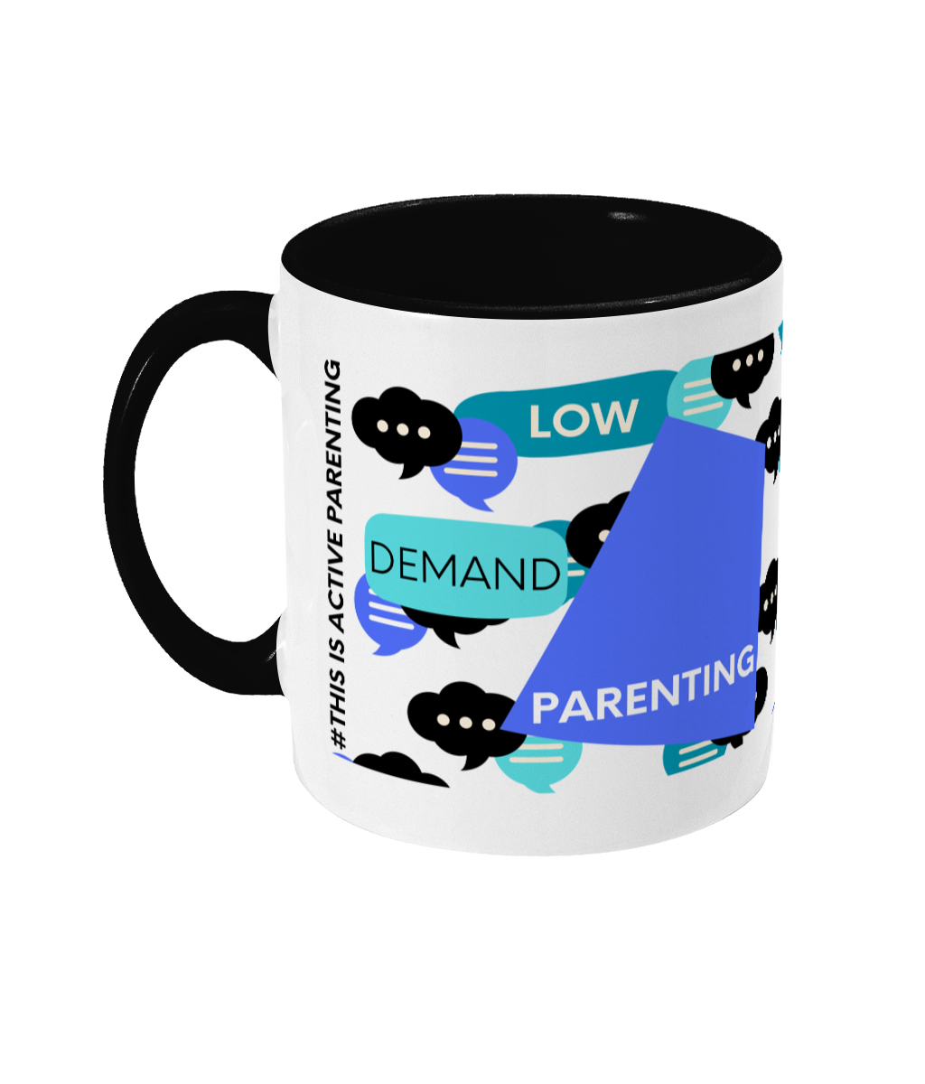 Low Demand Parenting Two Tone Mug - Blue/Teal Design with No Background (Various Handle and Inner Colours Available)