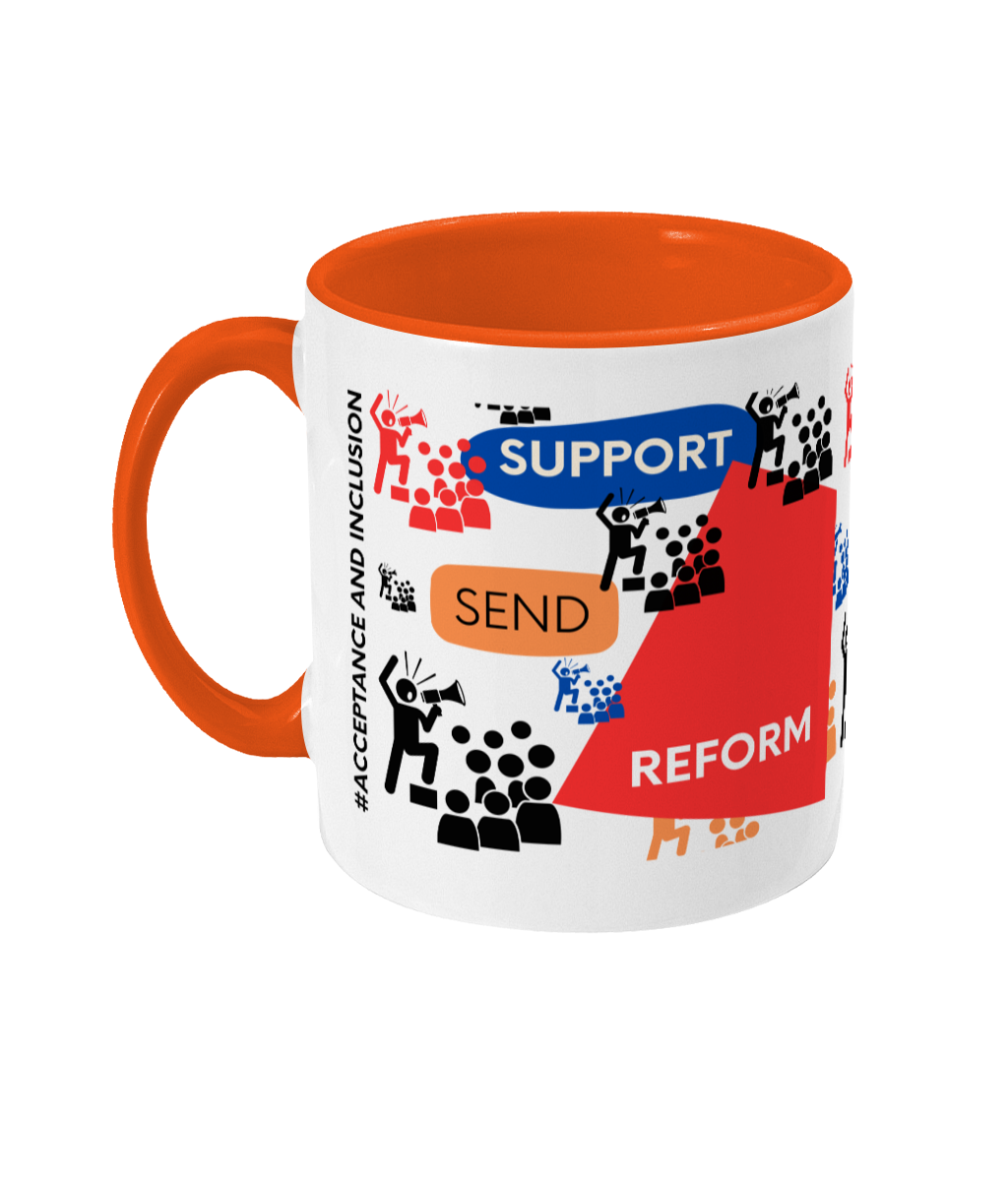 Support SEND Reform Two Tone Mug - Red/Blue Design with No Background (Various Handle and Inner Colours Available)