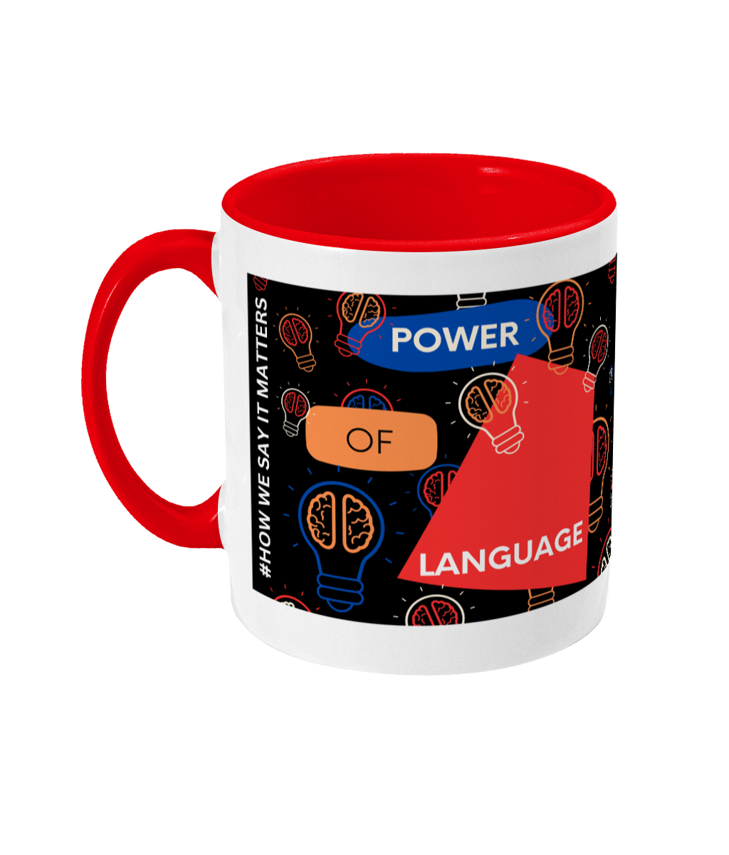 Power Of Language Two Tone Mug - Red/Blue Design with Black Background (Various Handle and Inner Colours Available)