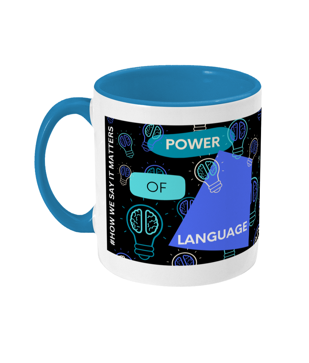 Power Of Language Two Tone Mug - Blue/Teal Design with Black Background (Various Handle and Inner Colours Available)