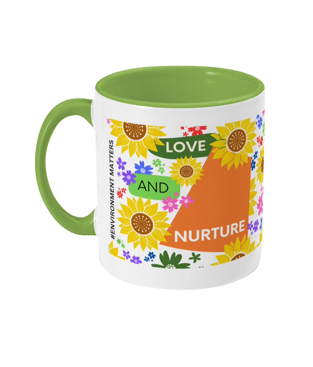 Love and Nurture Two Tone Mug - Orange/Green Design with No Background