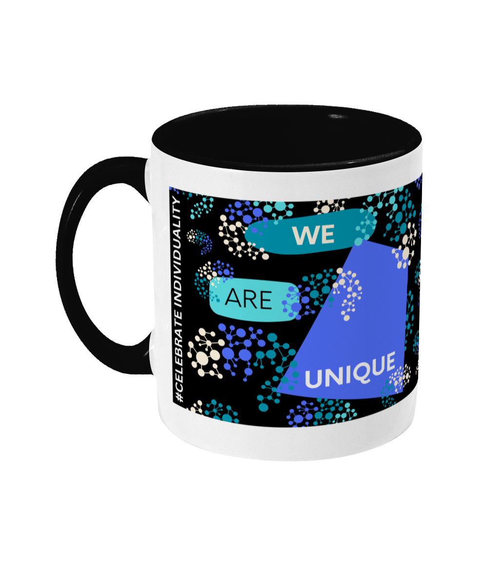 We Are Unique Two Tone Mug - Blue/Teal Design with Black Background (Various Handle and Inner Colours Available)