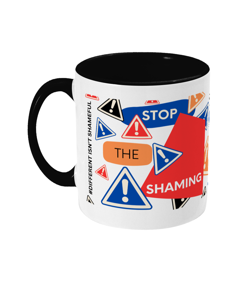 Stop The Shaming Two Tone Mug - Red/Blue Design with Black Background (Various Handle and Inner Colours Available)