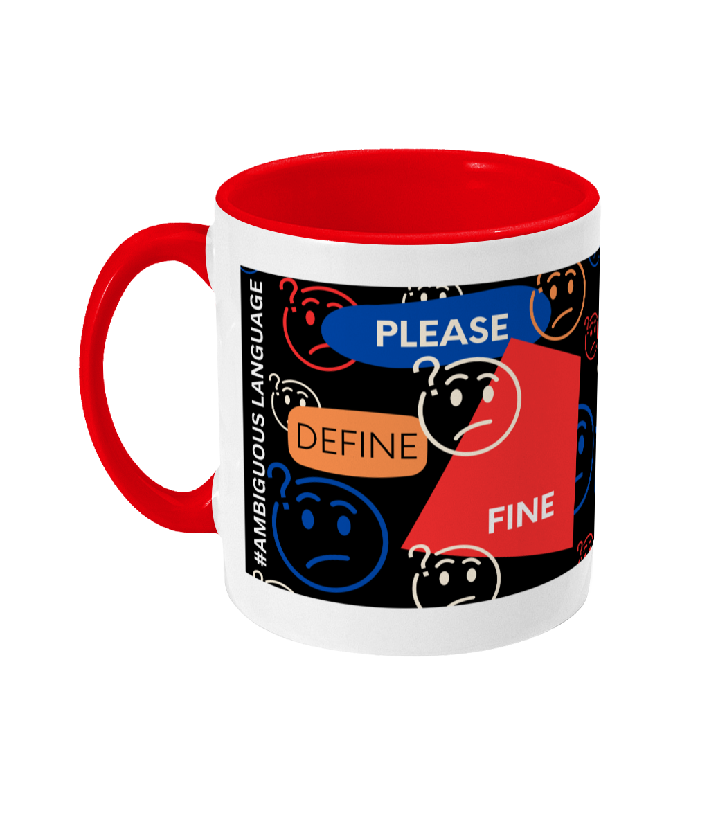 Please Define Fine Two Tone Mug - Red/Blue Design with Black Background (Various Handle and Inner Colours Available)