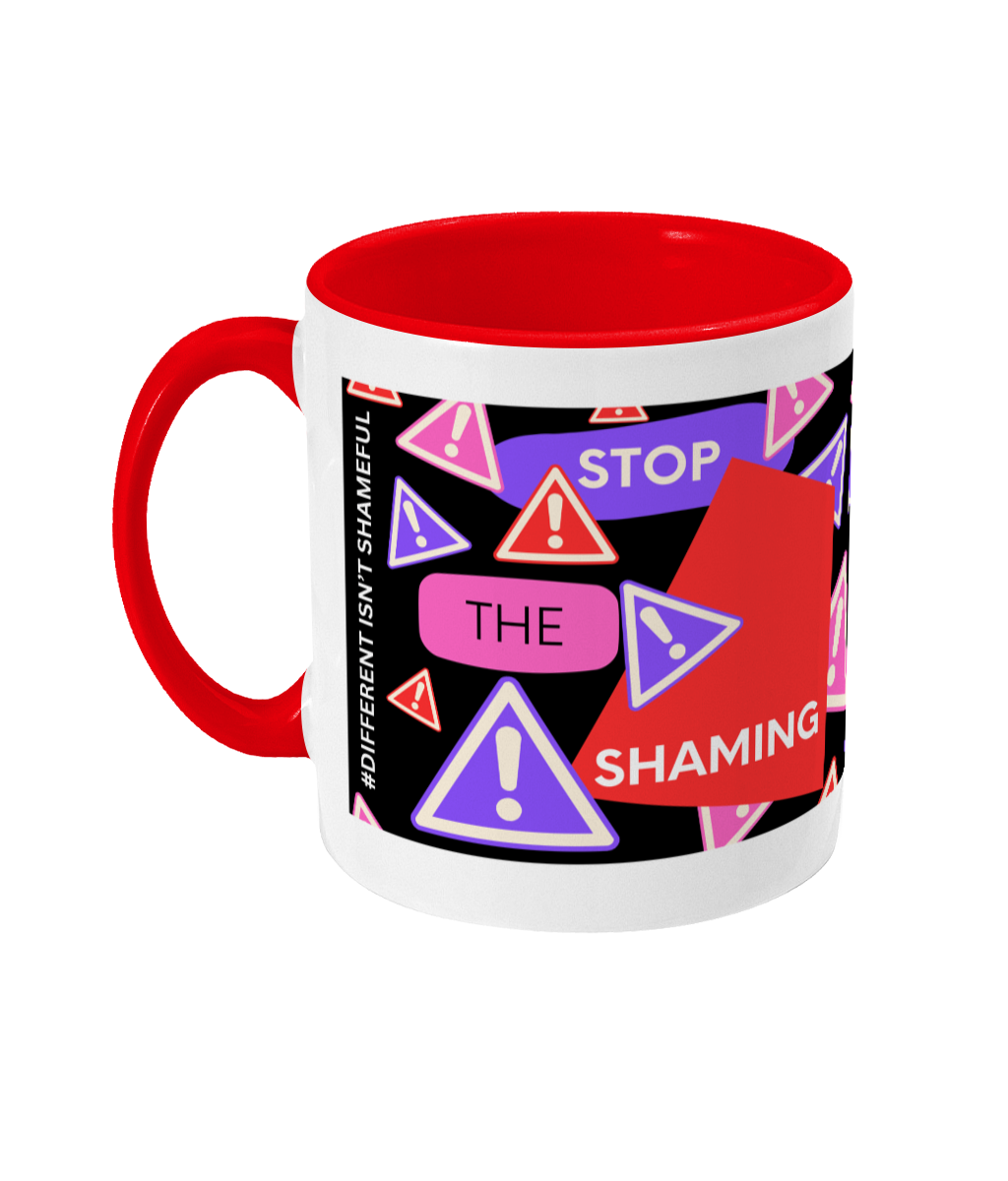 Stop The Shaming Two Tone Mug - Red/Purple Design with Black Background (Various Handle and Inner Colours Available)