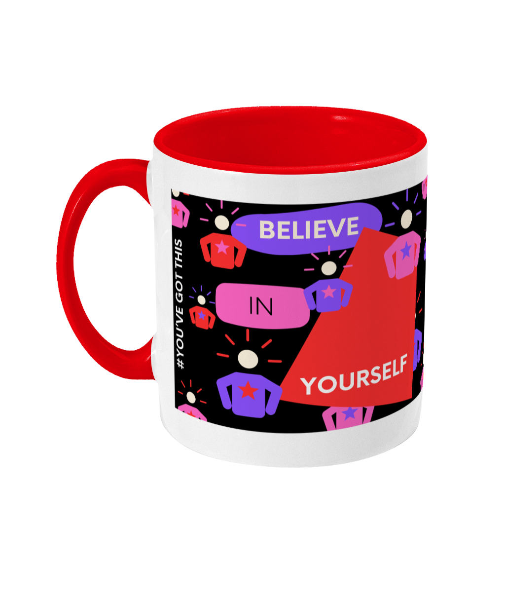 Believe In Yourself Two Tone Mug - Red/Purple Design with Black Background (Various Handle and Inner Colours Available)