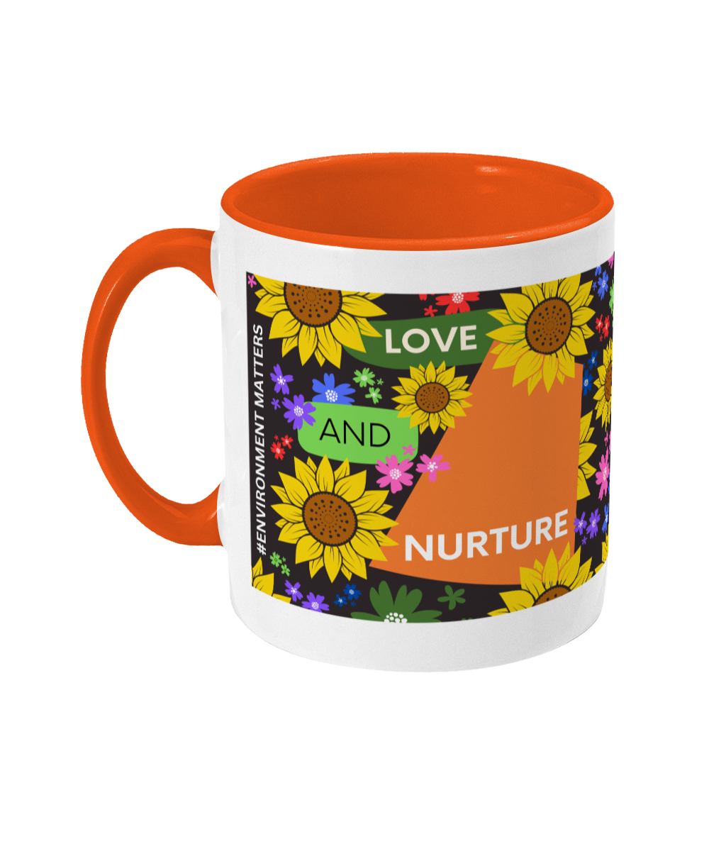 Love and Nurture Two Tone Mug - Orange/Green Design with Black Background