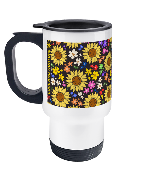 Love and Nurture Travel Mug - Floral Design with Black Background