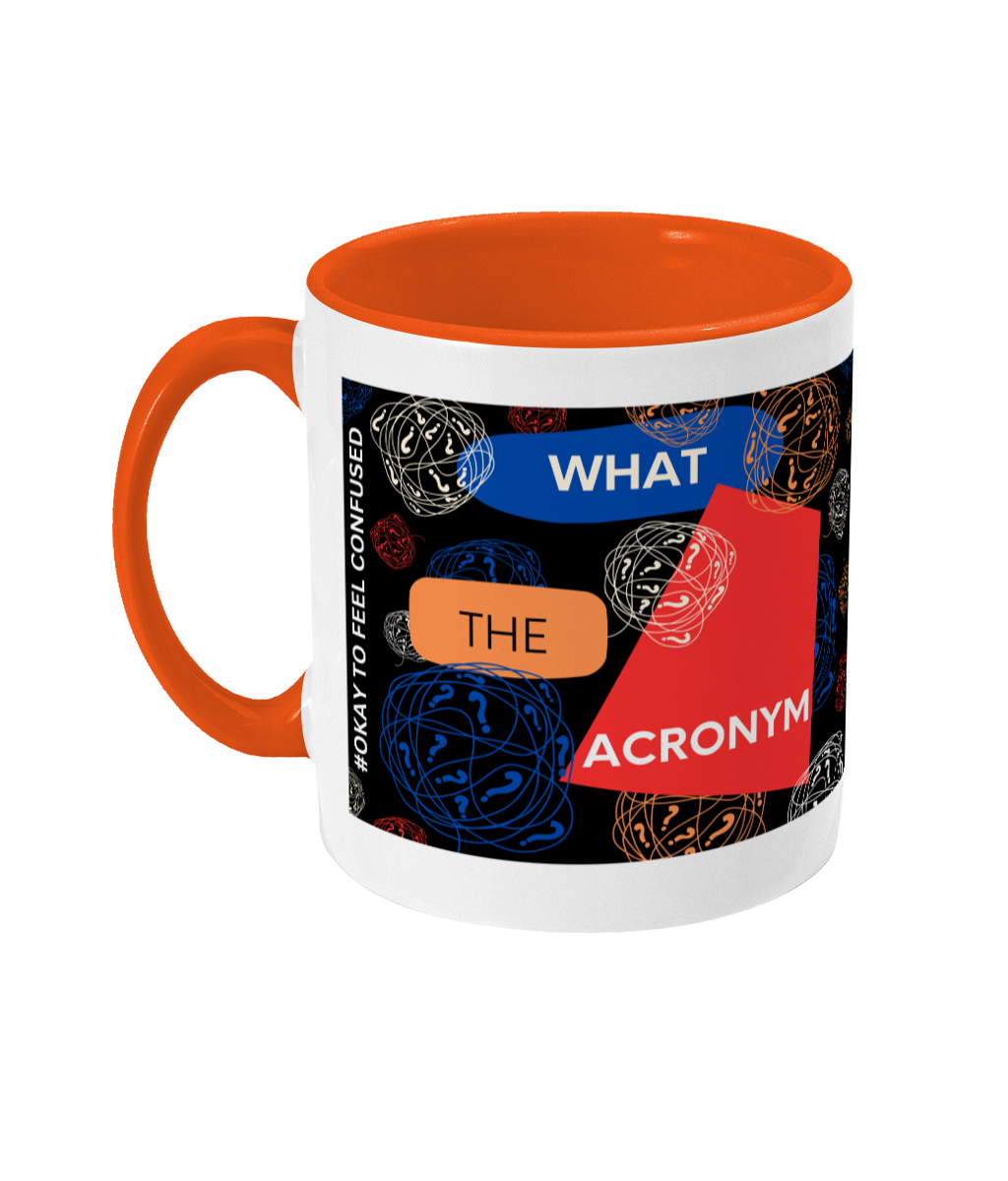 What The Acronym Two Tone Mug - Red/Blue Design with Black Background (Various Handle and Inner Colours Available)