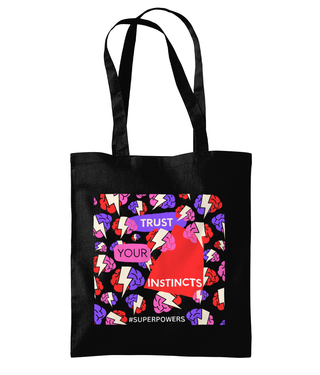 Trust Your Instincts Black Tote Bag - Red/Purple Design