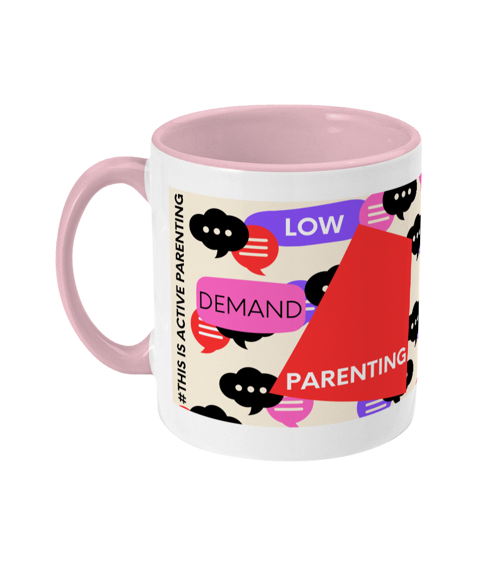 Low Demand Parenting Two Tone Mug - Red/Purple Design with Pink Background